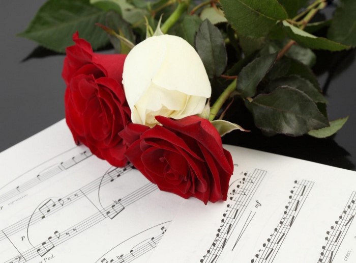 Red and white roses on sheet music