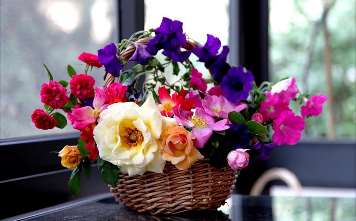Basket of Roses and Petunias