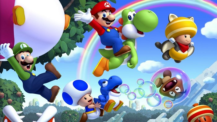 Mario and Luigi from Super Mario with Yoshi and Toads