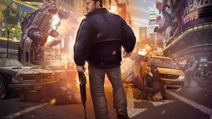 Niko Bellic from Grand Theft Auto IV in a chaotic city scene