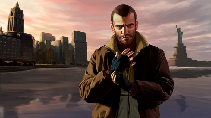 Niko Bellic from Grand Theft Auto IV with Statue of Liberty