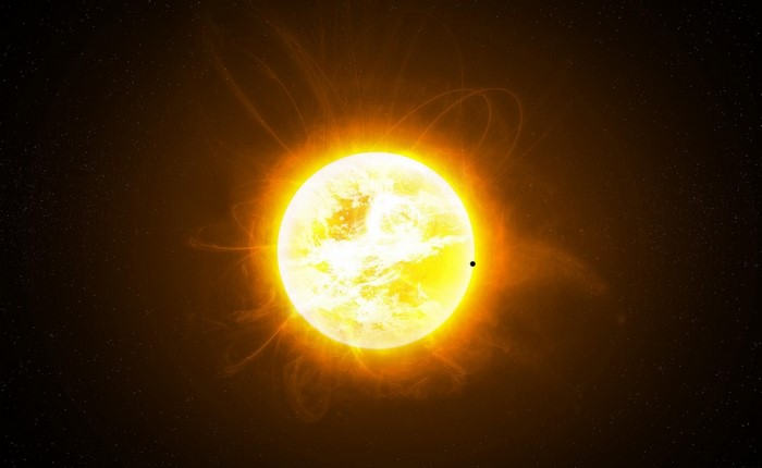Bright Sun with Orbiting Planet Against Starry Cosmos