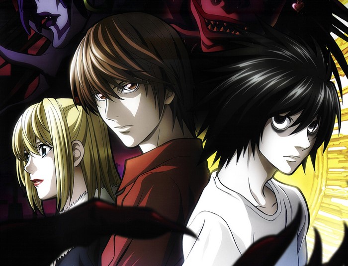 Death Note Characters Light Yagami, L, and Misa Amane