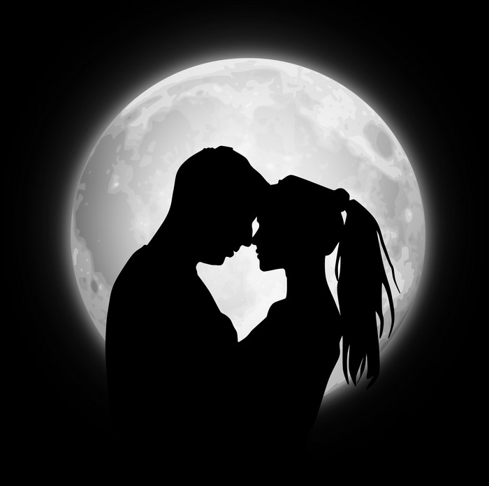 Romantic Couple Silhouette Under Full Moon