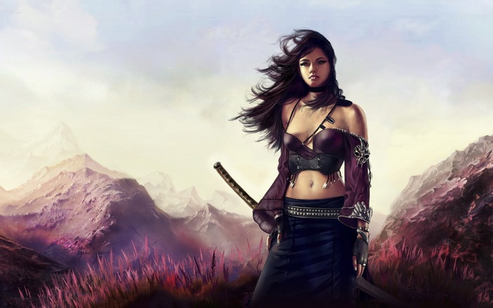 Anime warrior girl with sword in mountains