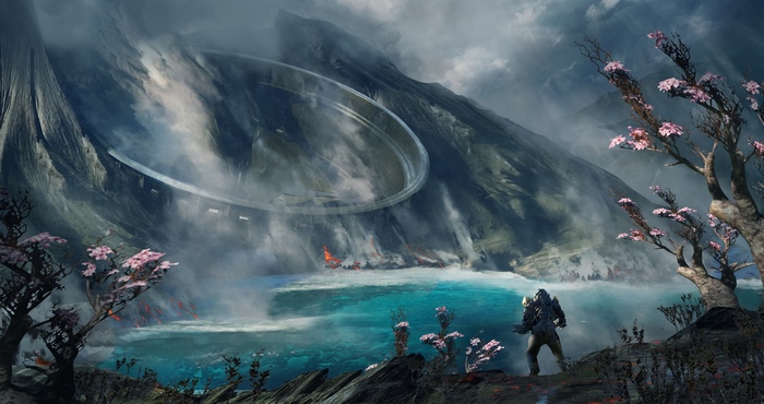 Anthem artwork with a lone figure overlooking a volcanic landscape