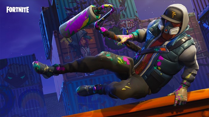 Fortnite character with paint roller in urban setting