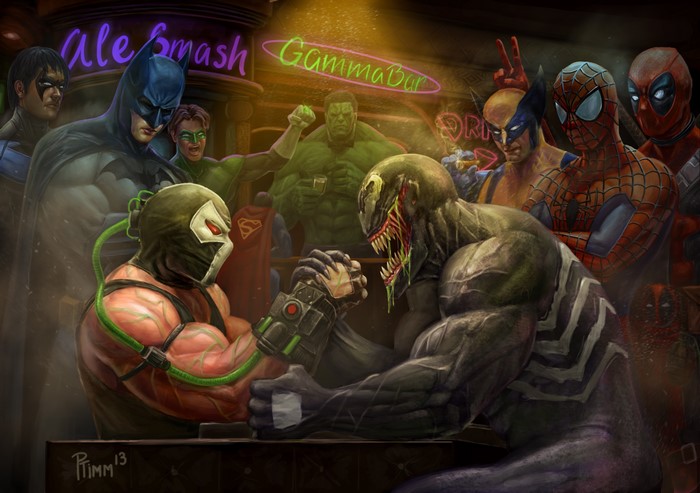 Venom and Bane arm wrestling with superheroes in a bar