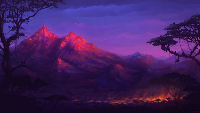 Fantasy mountains at sunset with monkeys