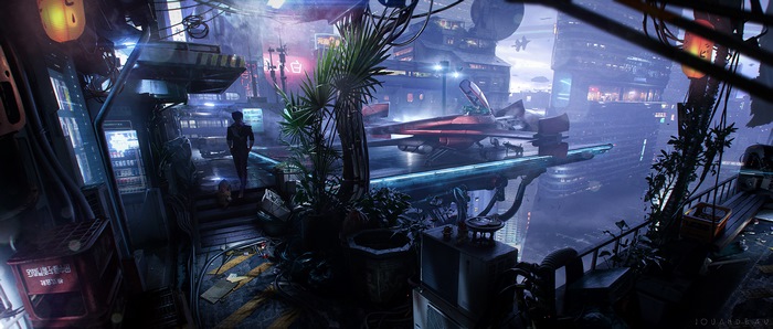 Sci-fi cityscape with a futuristic vehicle