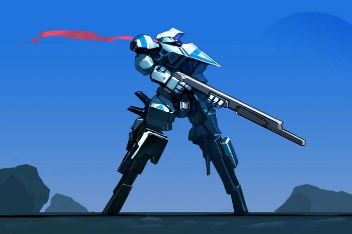 Sci-fi robot firing a laser weapon