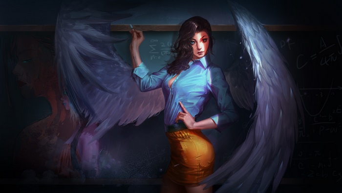 Winged Fantasy Woman with Staff in Dark Room