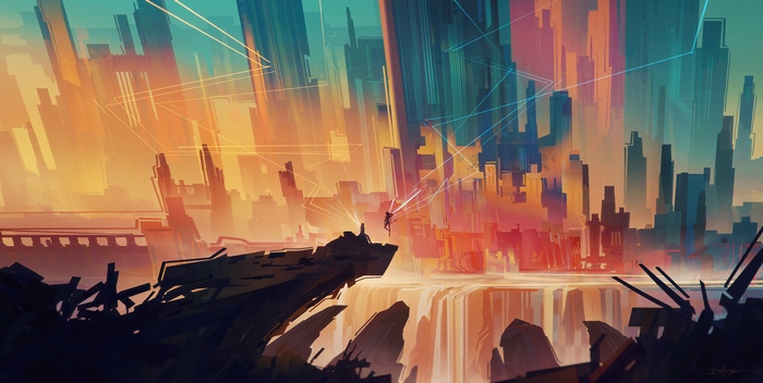 Digital artwork of a futuristic city with a figure on a cliff
