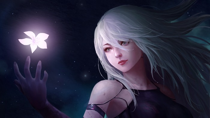 2B from Nier: Automata with a glowing flower