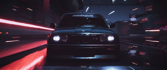 BMW M3 E30 driving at night