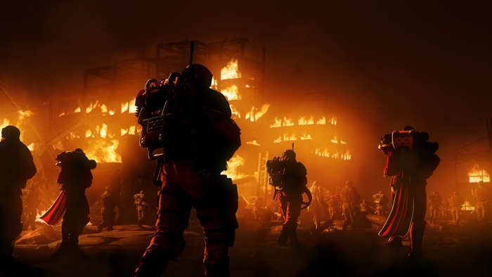 Warriors in a burning city at night