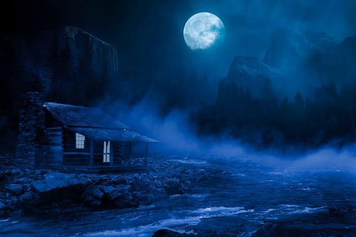 Moonlit Cabin by Misty River at Night