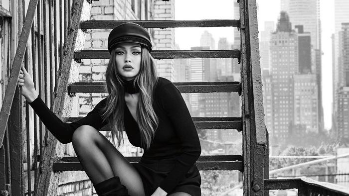 Gigi Hadid on a fire escape in New York City