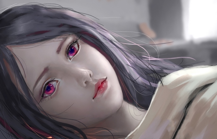 Anime girl with purple eyes and dark hair