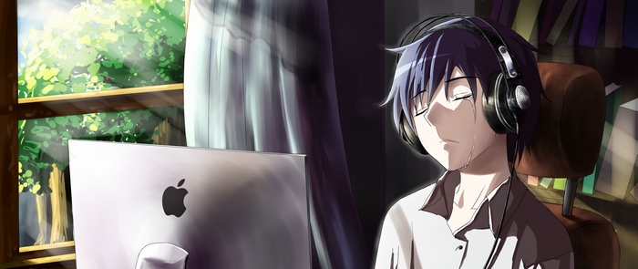 Anime boy crying while listening to music on headphones