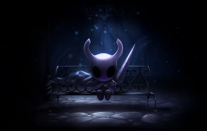 The Knight from Hollow Knight sitting on a bench