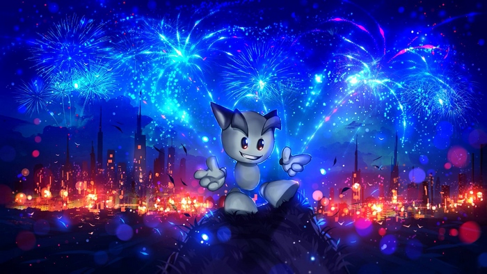 Character with fireworks over a city
