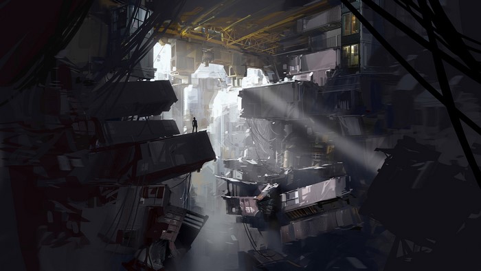 Concept art for Portal 2 showing a figure in a ruined industrial complex