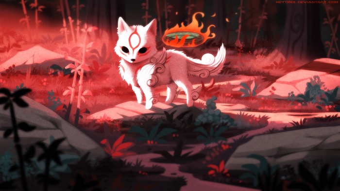 Amaterasu from Okami in a forest