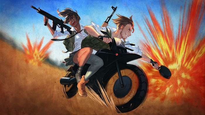 Two players on a motorcycle in PlayerUnknown's Battlegrounds