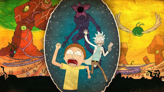 Rick and Morty with Demogorgon and alien creatures