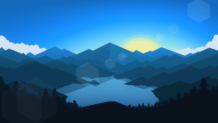 Minimalist mountain landscape with lake and sun