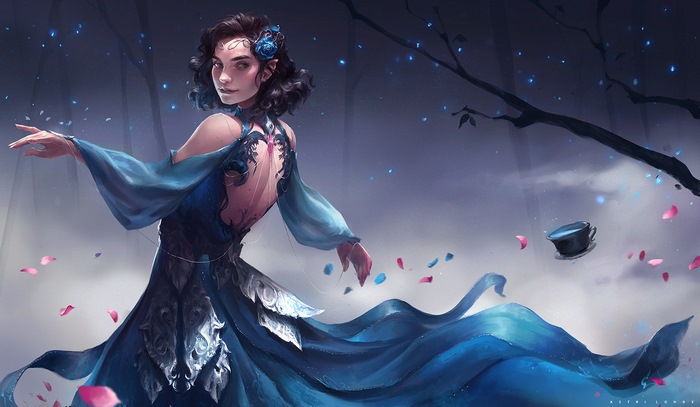 Fantasy elf girl in blue dress with floating petals