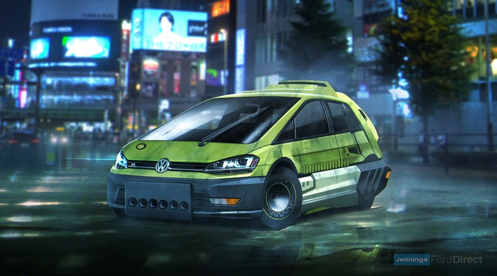 Volkswagen concept car in futuristic city
