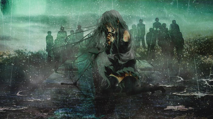 Anime girl crying in the rain with shadowy figures