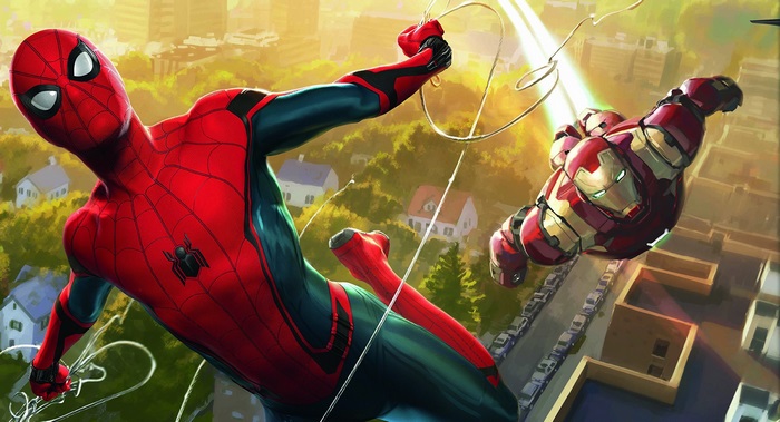 Spider-Man and Iron Man flying over a city