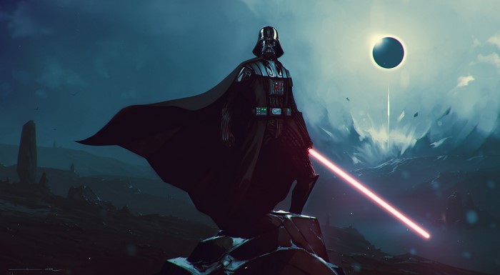 Darth Vader from Star Wars with a lightsaber during an eclipse