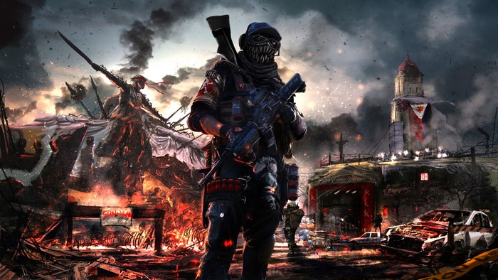 Soldier in a war-torn city with a tower