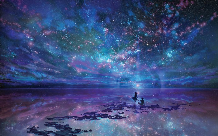 Couple watching a starry sky reflection