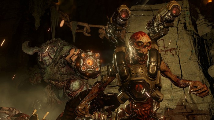 Doom Slayer fighting demons in a cave