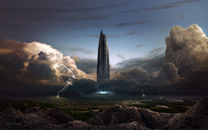 Sci-fi tower in a stormy digital universe