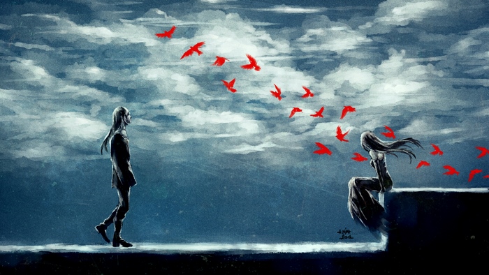 Anime boy and girl with red birds in cloudy sky