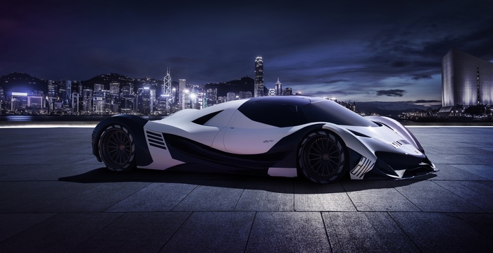 Devel Sixteen concept car in Hong Kong at night