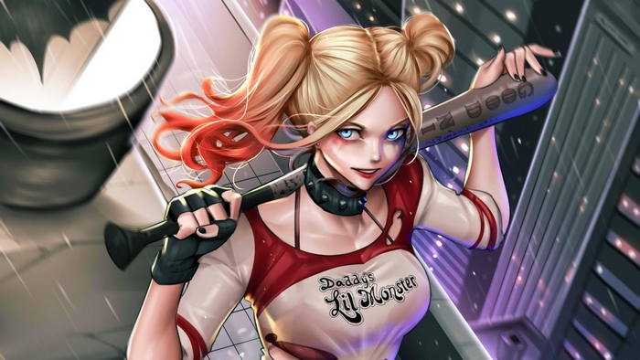 Harley Quinn with Baseball Bat in Rainy Night