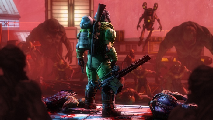 Doom Slayer with minigun fighting demons in Doom Eternal 4K