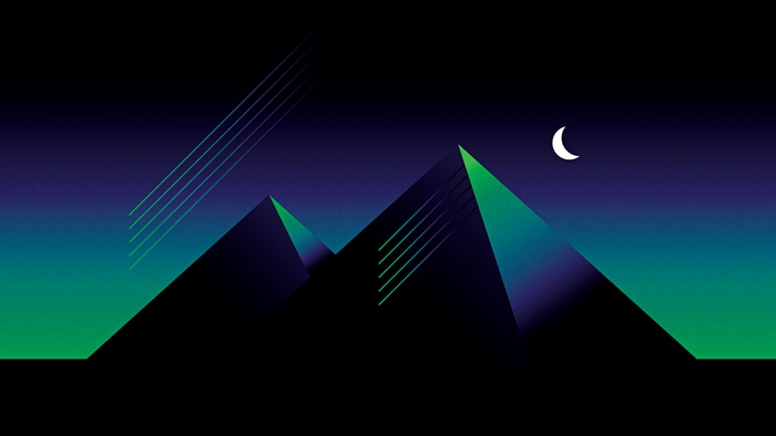 Retrowave pyramids with moon and light streaks