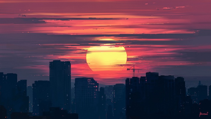 City skyline at sunset with a large sun and clouds