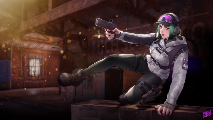 Ela from Tom Clancy's Rainbow Six Siege holding a pistol