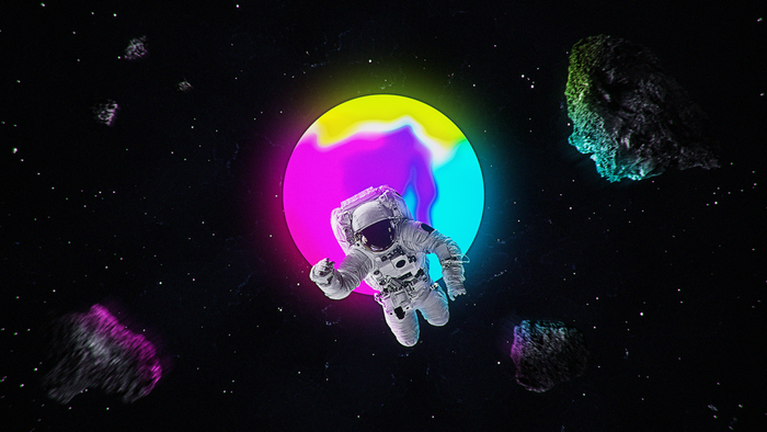 Astronaut floating in space with colorful planet and asteroids