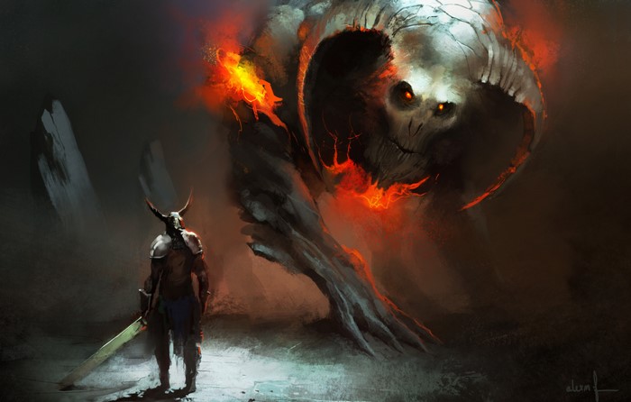 Warrior with sword faces a fiery demon with horns