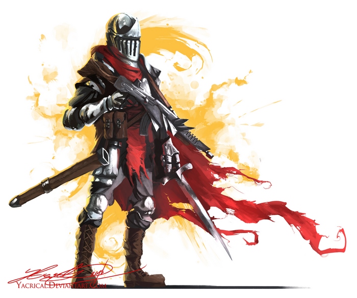 Knight with rifle, sword, and red cape